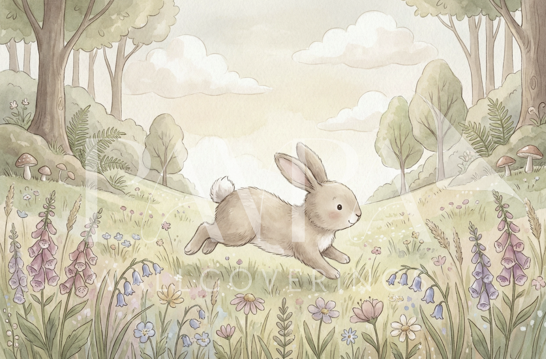 Woodland Whispers II watercolor bunny meadow kids wall mural