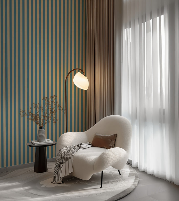 Classic Stripe Wallpaper – Dutch Blue & Warm Sand
