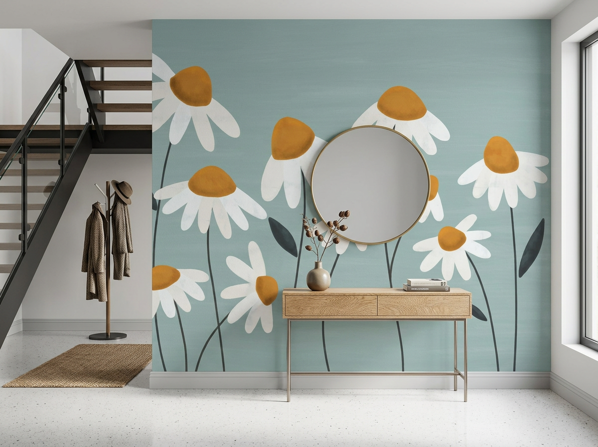 Daisy Vale mural in an entrance hall with a console table, round mirror and staircase