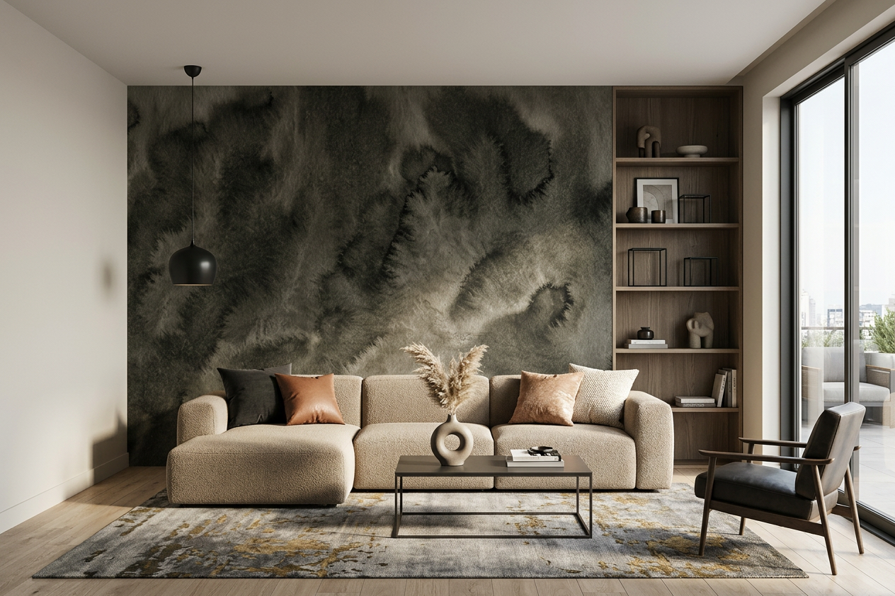 Nocturne Drift mural across a contemporary living room wall with a linen sofa and walnut console