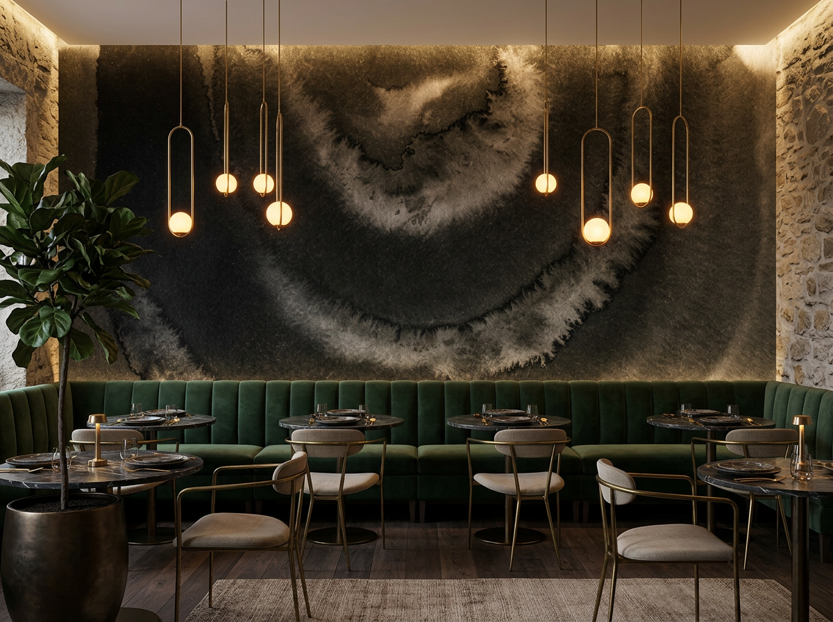 Nocturne Ripple mural in an intimate restaurant dining room with deep velvet banquette seating and brass detailing