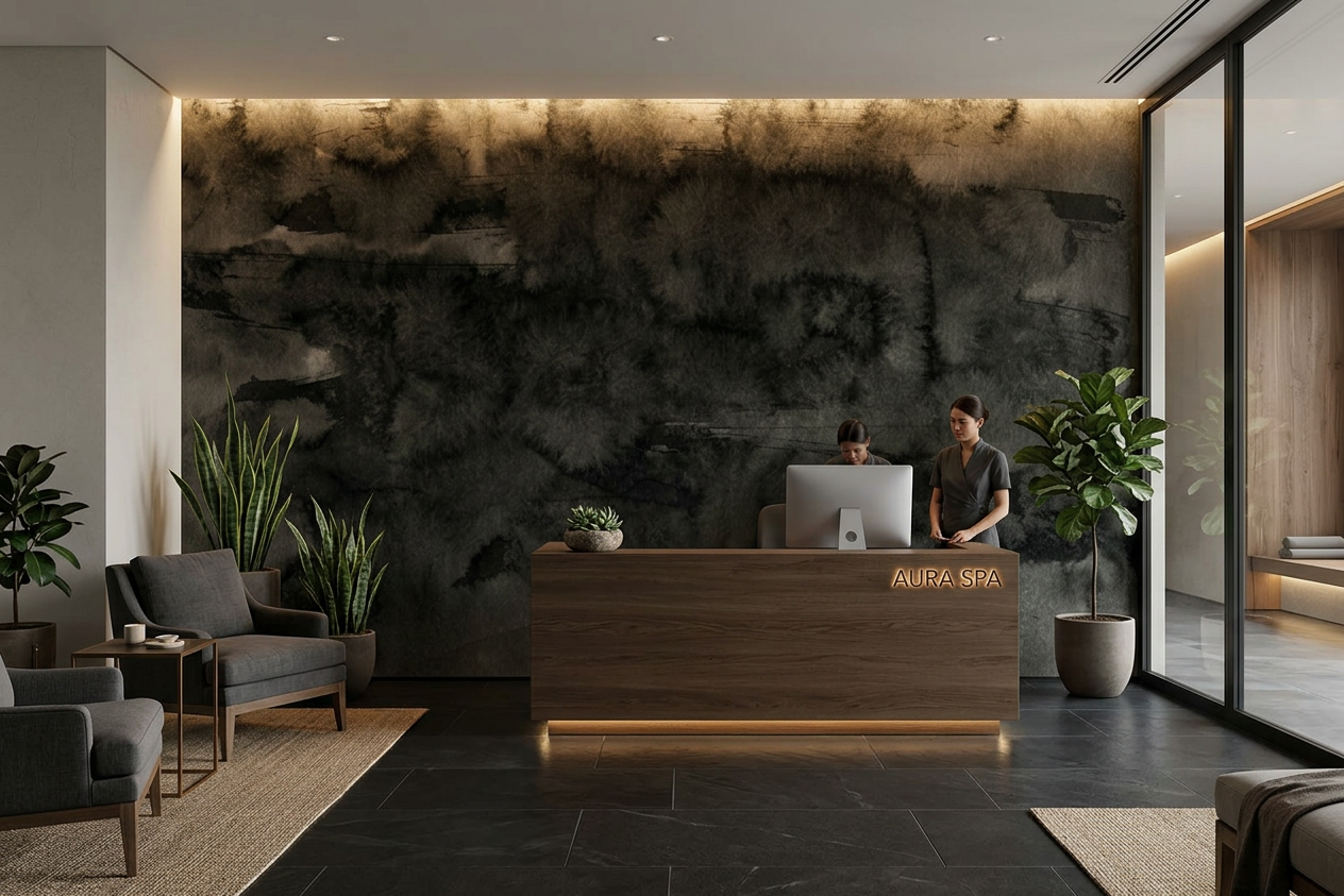 Nocturne Strata mural in a spa reception with a limewashed counter and folded linen