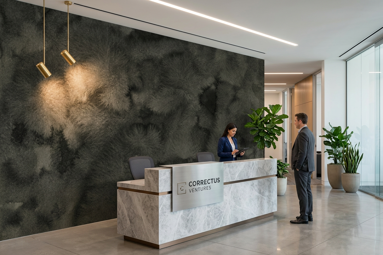 Nocturne Veil mural across a corporate office reception behind a pale stone desk