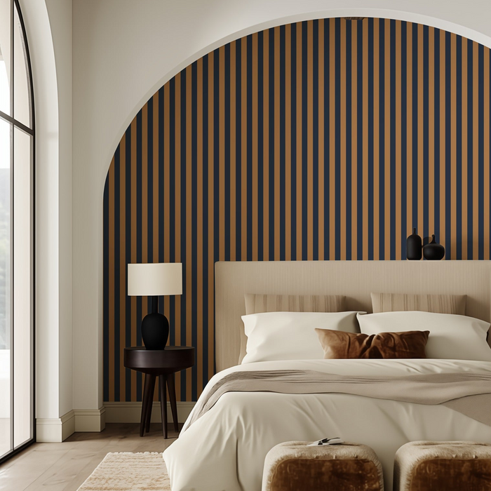 Thin Stripe Wallpaper – Caramel & Midnight Blue