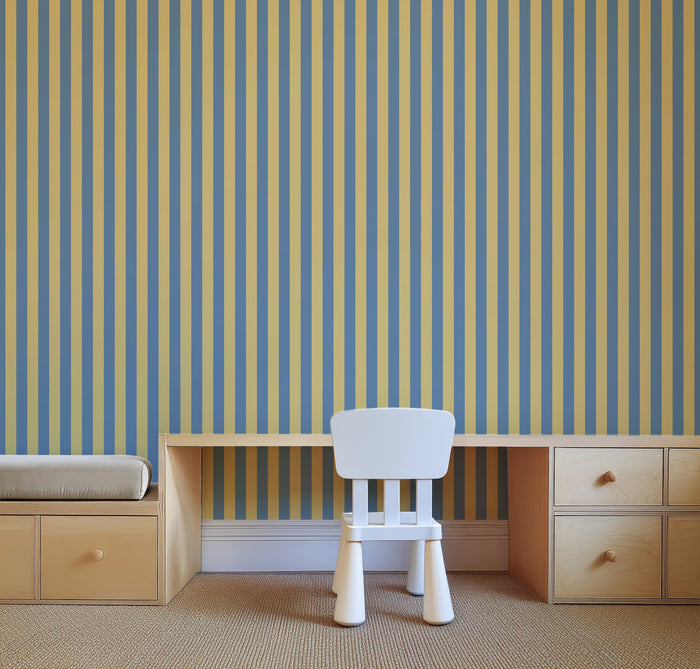 Thin Stripe Wallpaper – Soft Denim & Pale Yellow