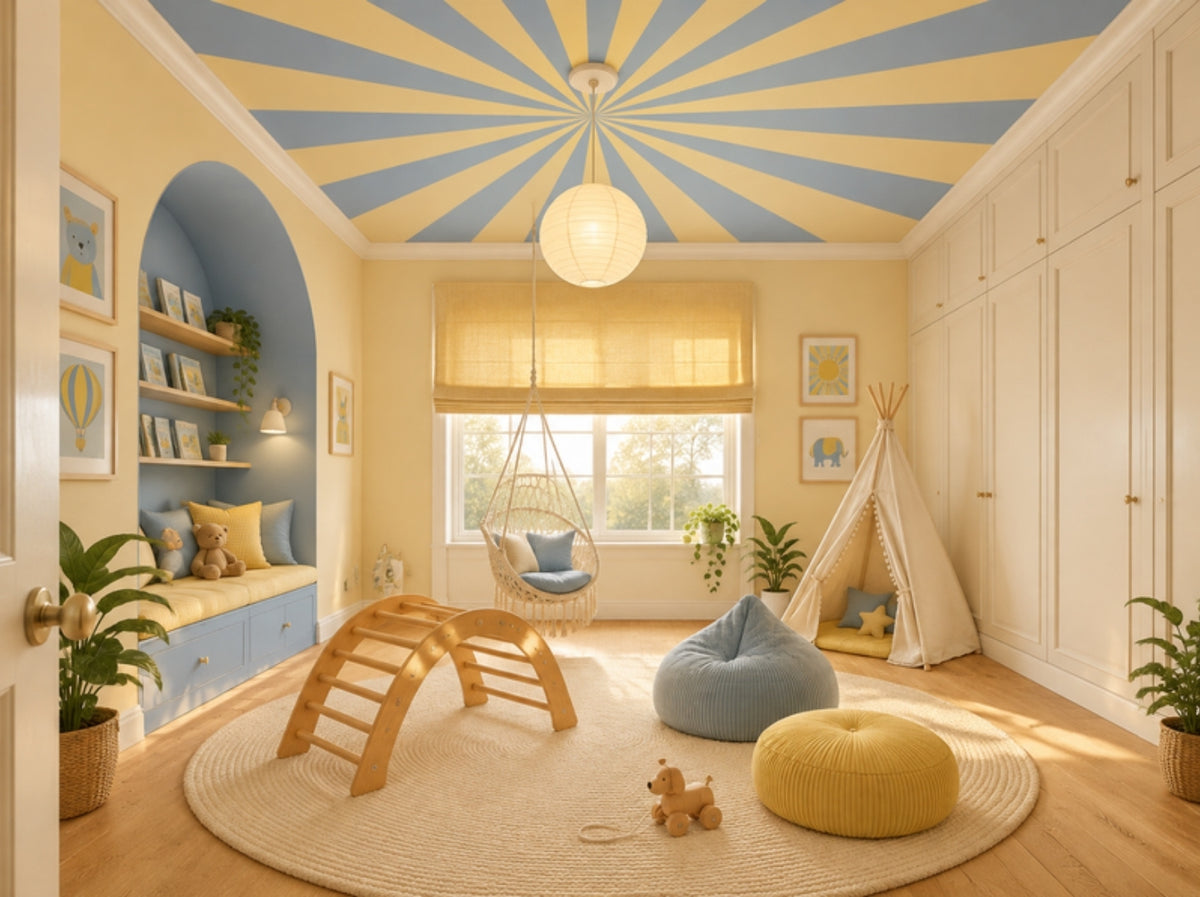 Up in the Sky Buttercream & Dusty Blue sunburst ceiling in a buttercream children's room with a dusty blue reading nook and paper lantern
