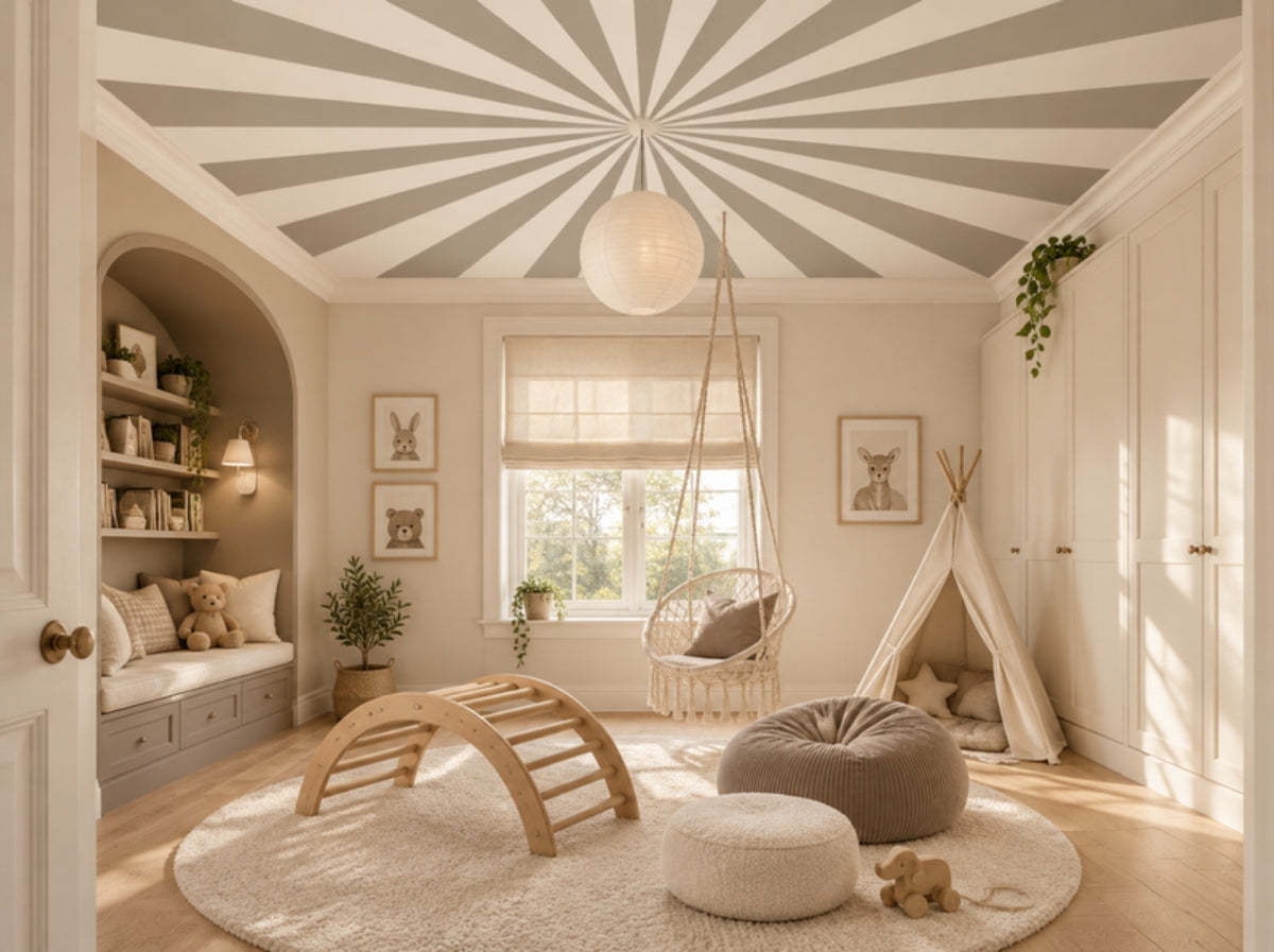 Up in the Sky Mushroom Taupe & Chalk sunburst ceiling in a taupe and chalk children's room with an arched reading nook and paper lantern
