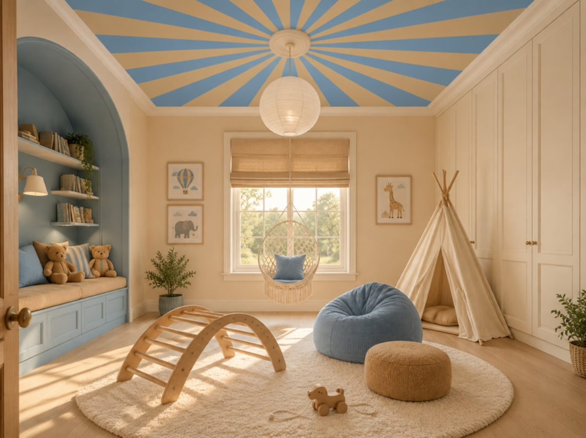 Up in the Sky Sky & Sand sunburst ceiling in a sand-toned children's room with a sky blue reading nook and paper lantern