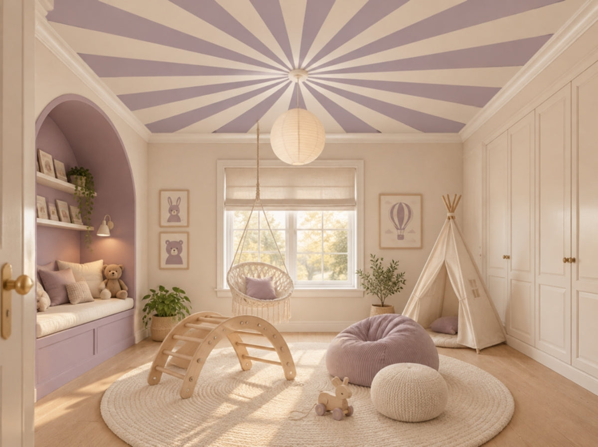 Up in the Sky Soft Mauve & Milk sunburst ceiling in a cream children's room with a mauve reading nook and paper lantern
