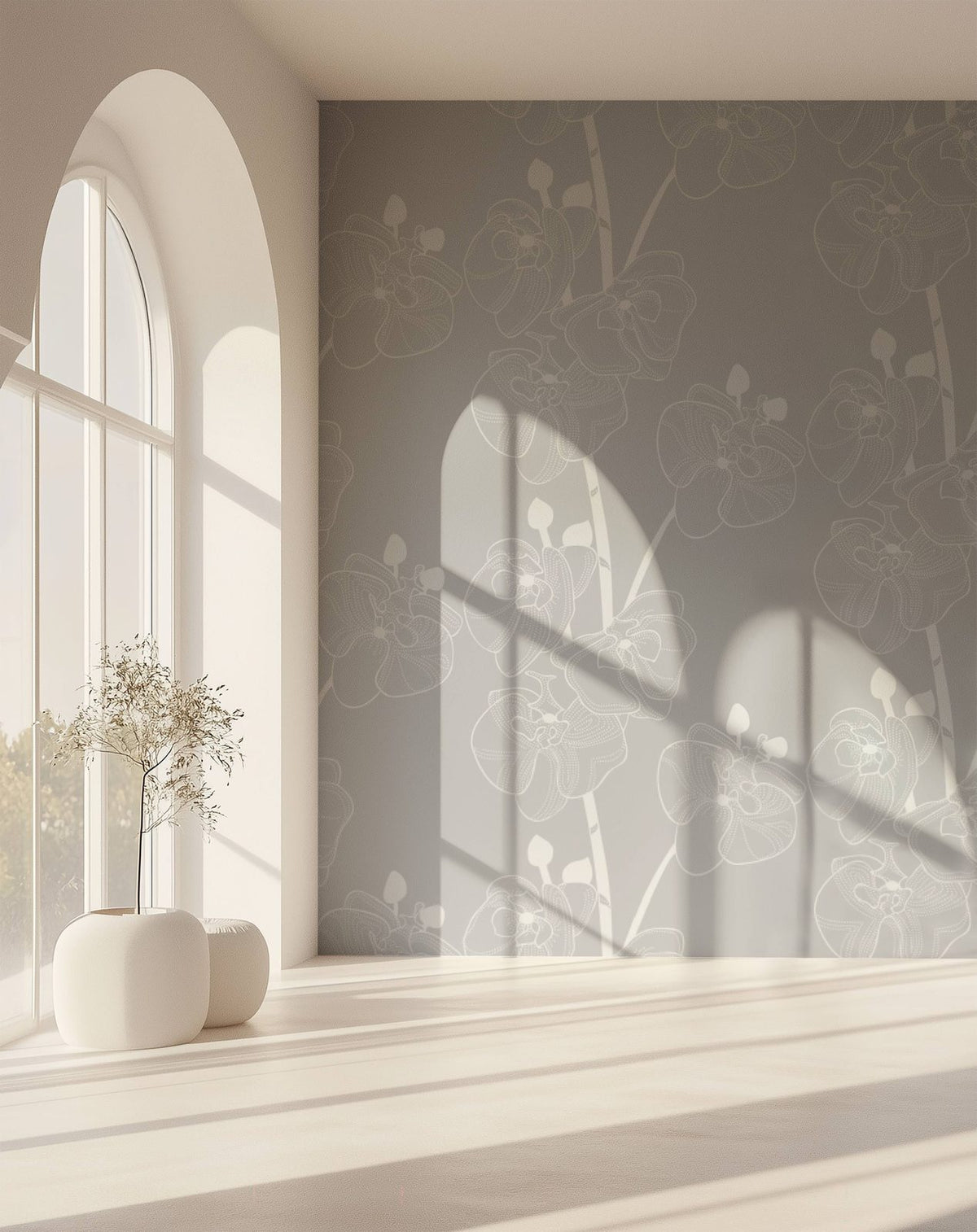 Orchids floral wallpaper styled in a refined bedroom