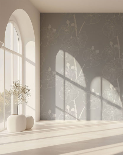 Orchids floral wallpaper styled in a refined bedroom