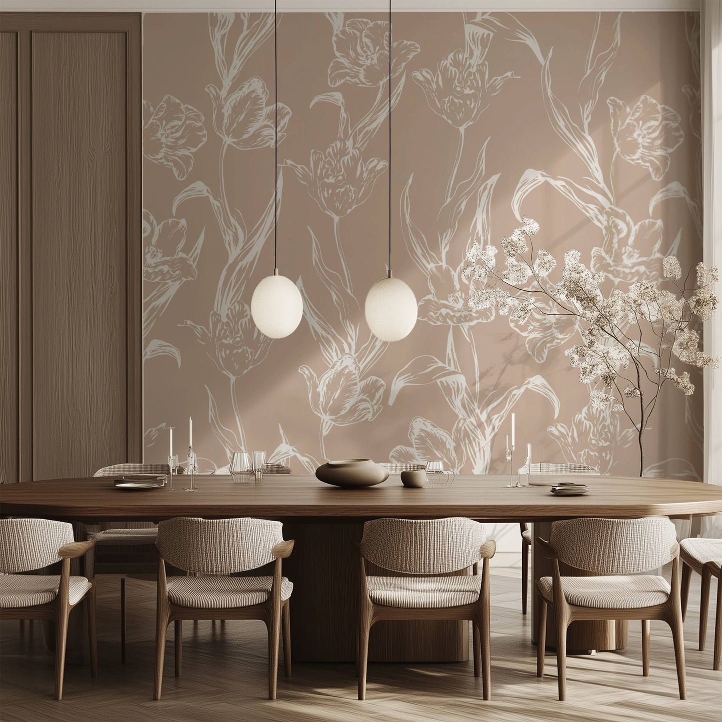 Subtle Tulips floral wallpaper styled in a soft bedroom