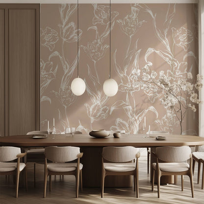 Subtle Tulips floral wallpaper styled in a soft bedroom