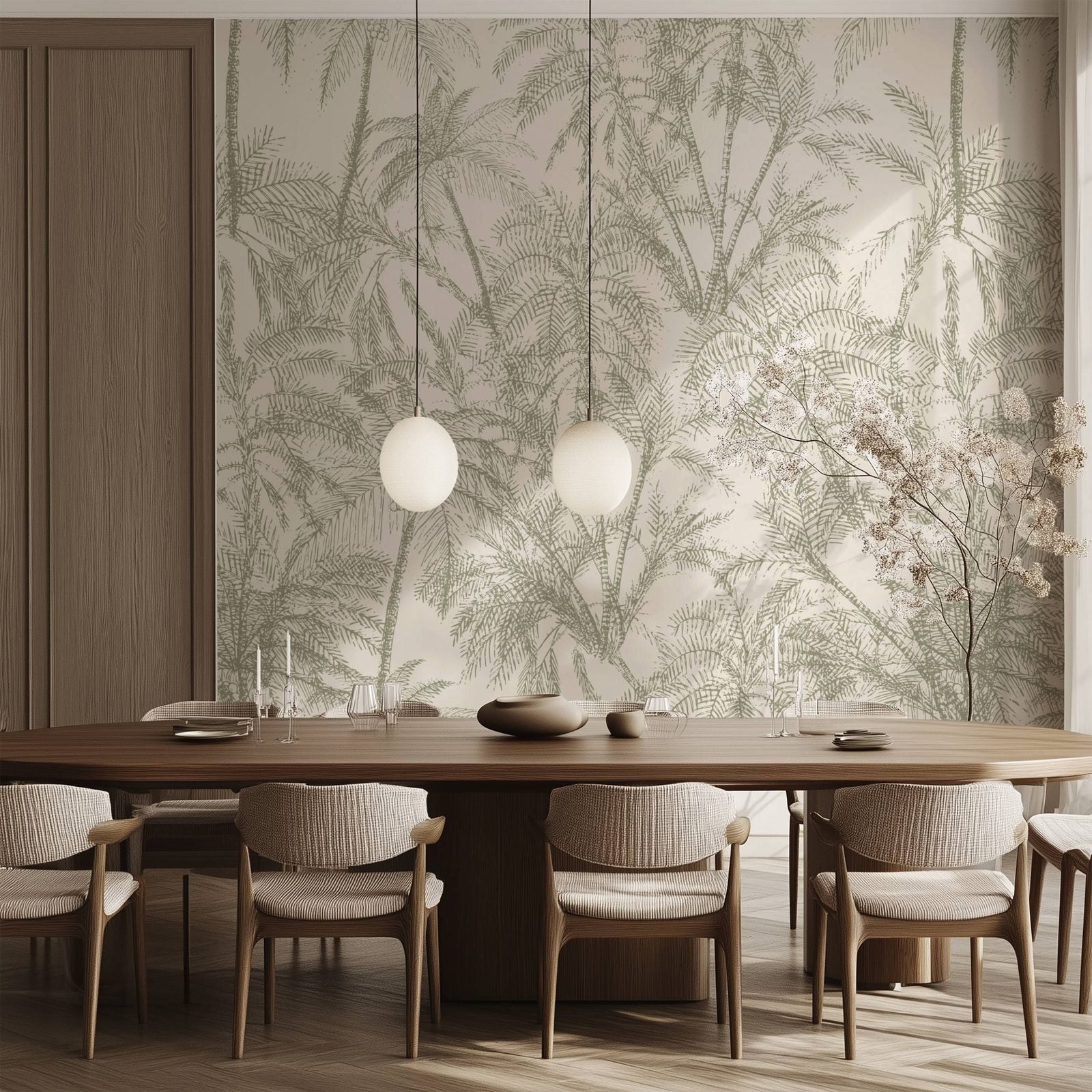 Subtle Green Palms tropical palm-tree wallpaper in neutral tones