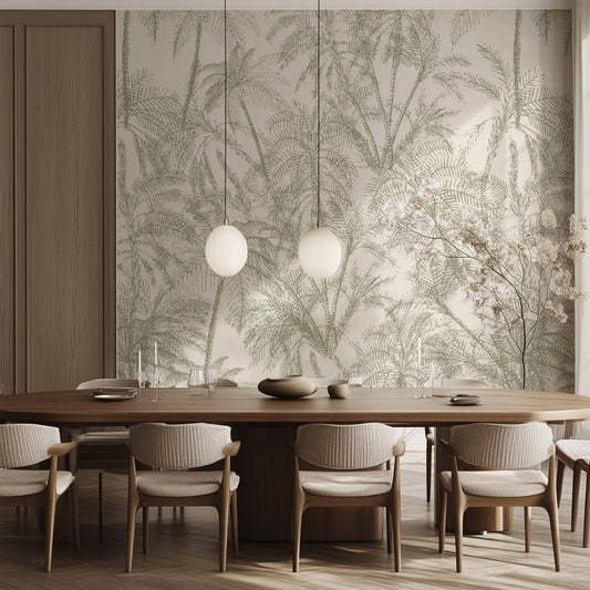 Subtle Green Palms tropical palm-tree wallpaper in neutral tones