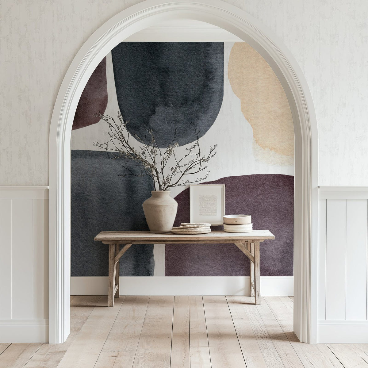 Watercolor Modern Shapes wall mural styled in a contemporary room