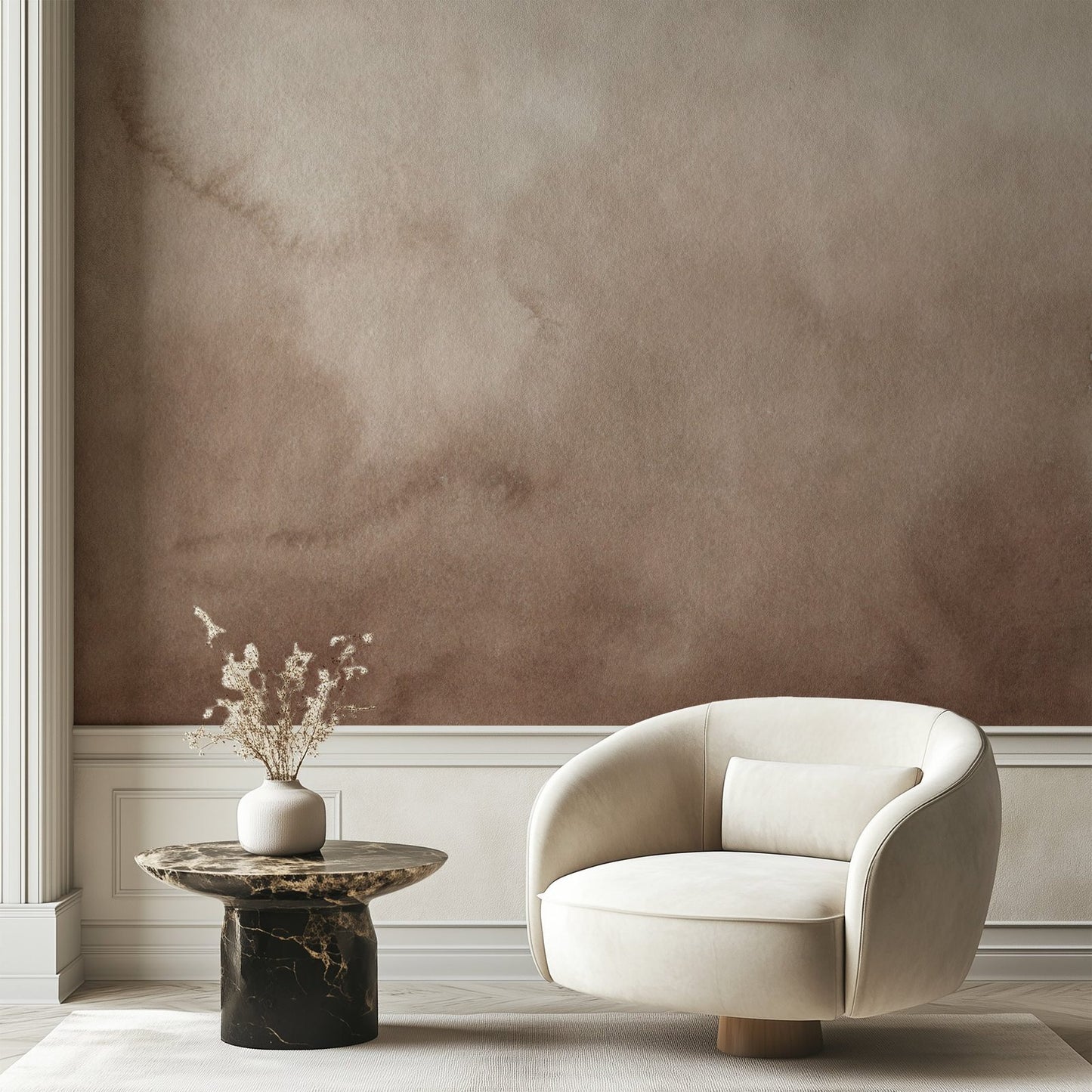 Modern Oasis Sepia wall mural styled in a neutral interior