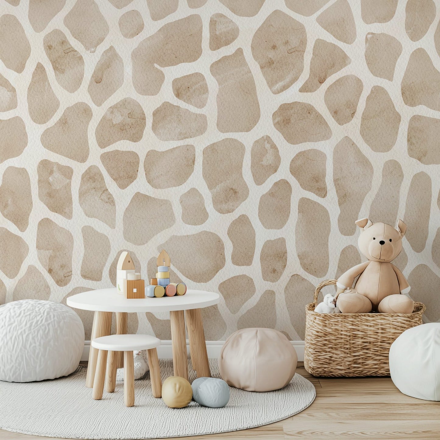 Watercolor Giraffe kids nursery wallpaper with painted giraffe motifs
