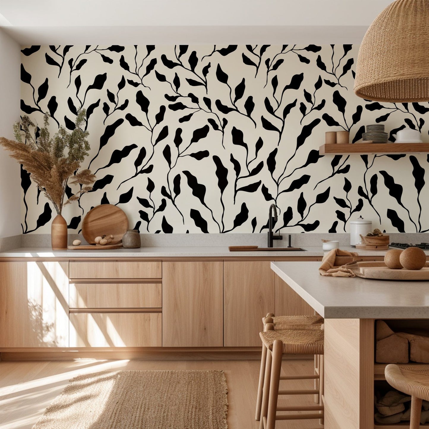 Wavy Leaves botanical wallpaper styled on a feature wall