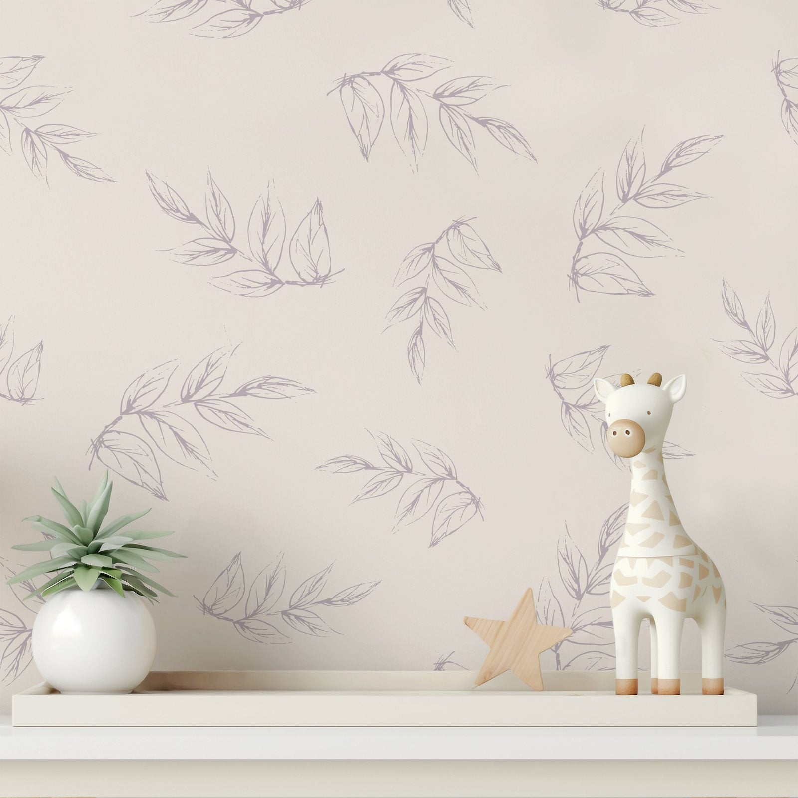 Sketched Peony Leaves nursery wallpaper styled in a soft bedroom