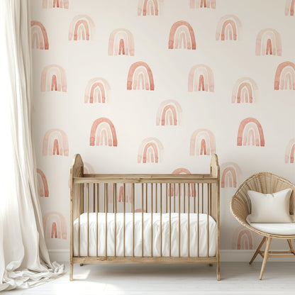 Watercolor Rainbows nursery wallpaper styled in a kids' room