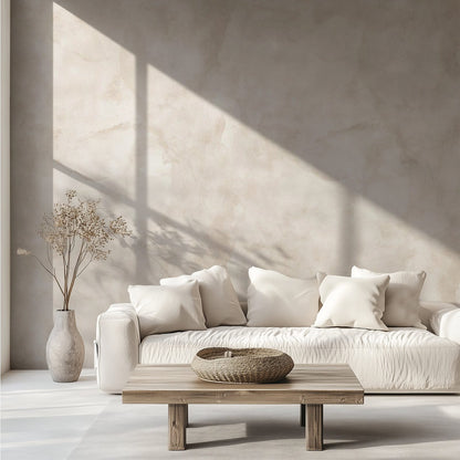 Limewash Natural textured wallpaper styled on a feature wall