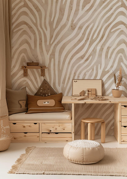 Watercolor Zebra nursery wallpaper styled in a kids' room