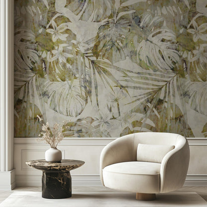 Warm Tropics lush tropical botanical wallpaper in warm tones