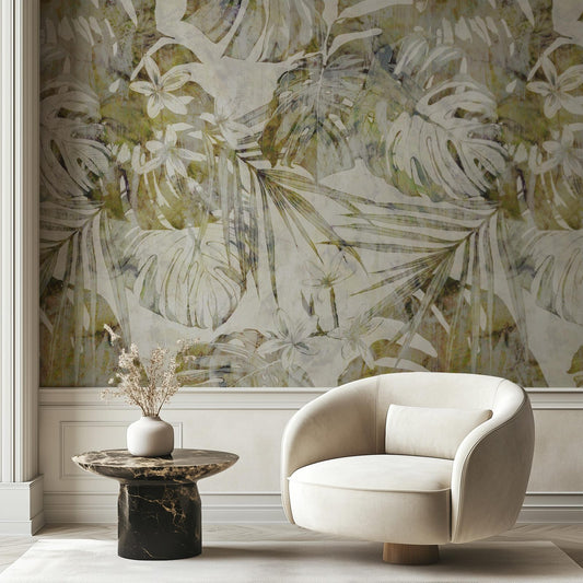 Warm Tropics lush tropical botanical wallpaper in warm tones