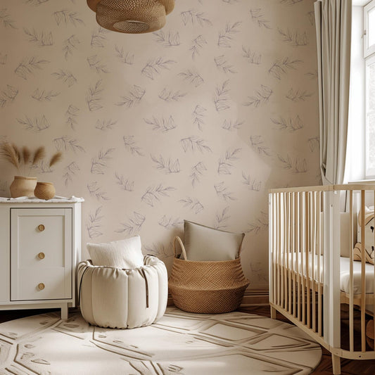 Sketched Peony Leaves soft line-art peony leaf nursery wallpaper