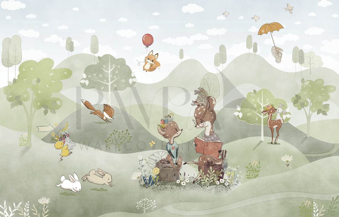 Woodland Deer kids wall mural preview, full-scale forest scene