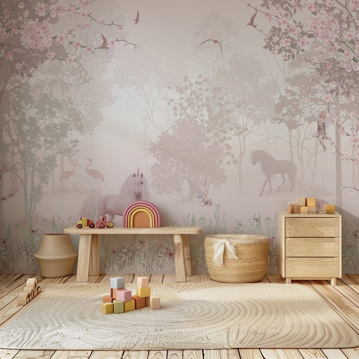 Unicorn Fantasyland kids wall mural in a dreamy pastel children's bedroom.