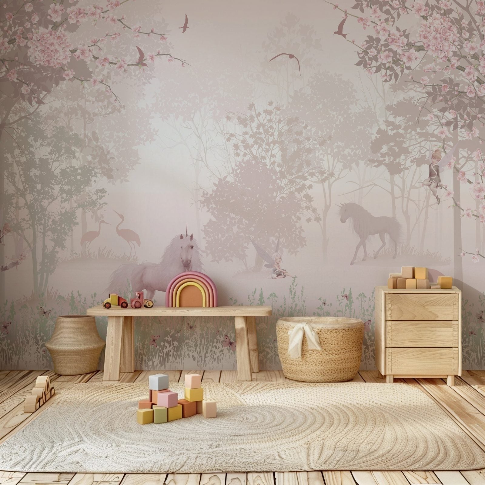 Unicorn Fantasyland kids wall mural in a dreamy pastel children's bedroom.