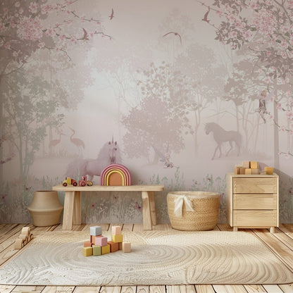 Unicorn Fantasyland kids wall mural in a dreamy pastel children's bedroom.