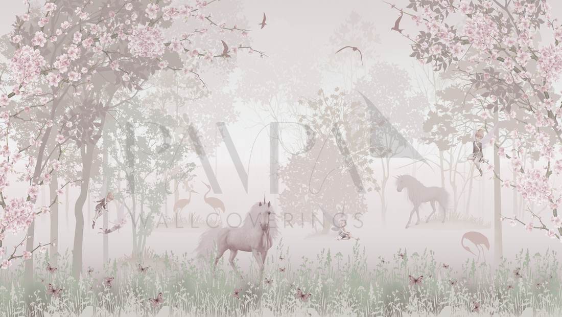 Unicorn Fantasyland kids wall mural, full-scale preview of the woodland unicorn scene