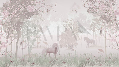 Unicorn Fantasyland kids wall mural, full-scale preview of the woodland unicorn scene