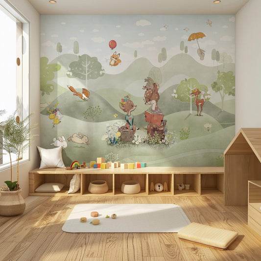 Woodland deer kids wall mural in a soft nursery room with nature-inspired decor.