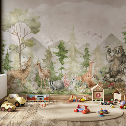 Watercolor woodland animals kids wall mural in a cozy nursery with natural decor.
