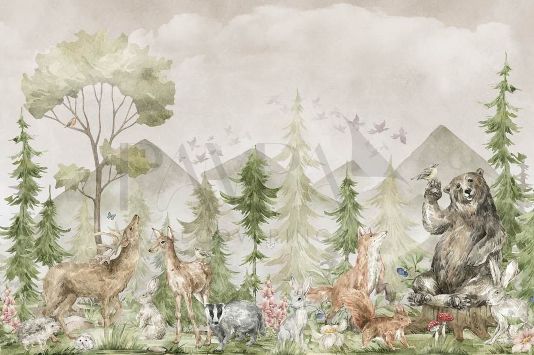 Watercolor Woodland Animals kids wall mural, full-scale preview of woodland scene