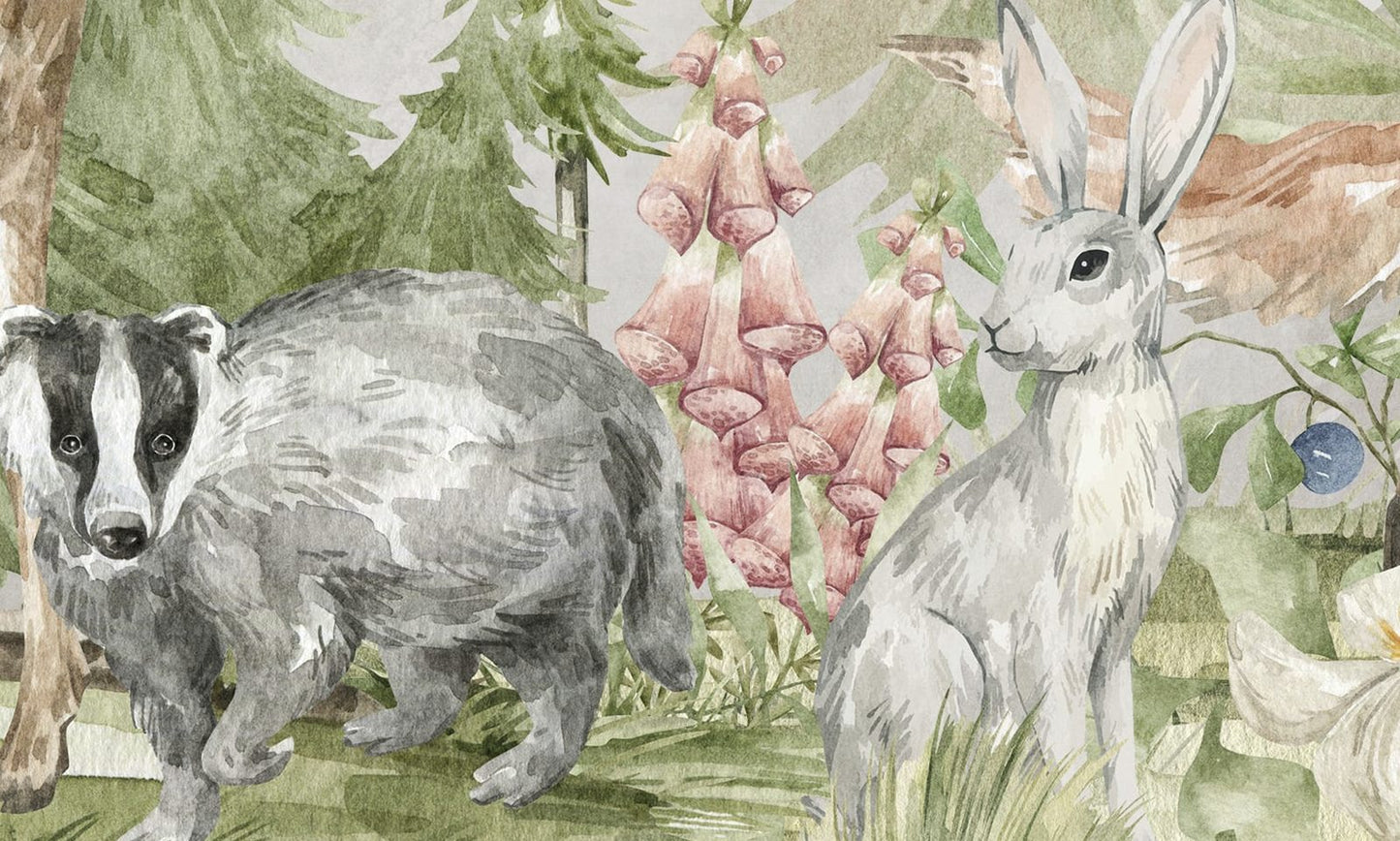 Watercolor Woodland Animals kids mural, close-up of illustrated forest creatures