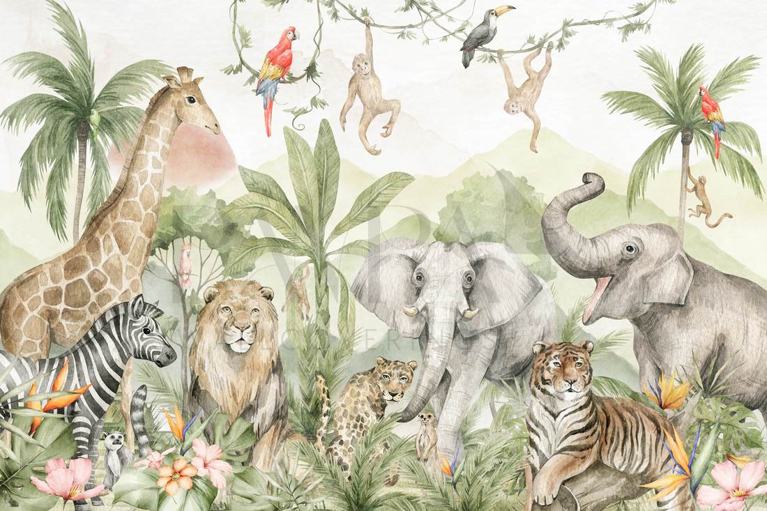 Watercolor Jungle Animals kids wall mural, full-scale preview with tiger and toucan