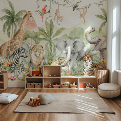 Watercolor jungle animals kids wall mural in a warm nursery with natural decor.