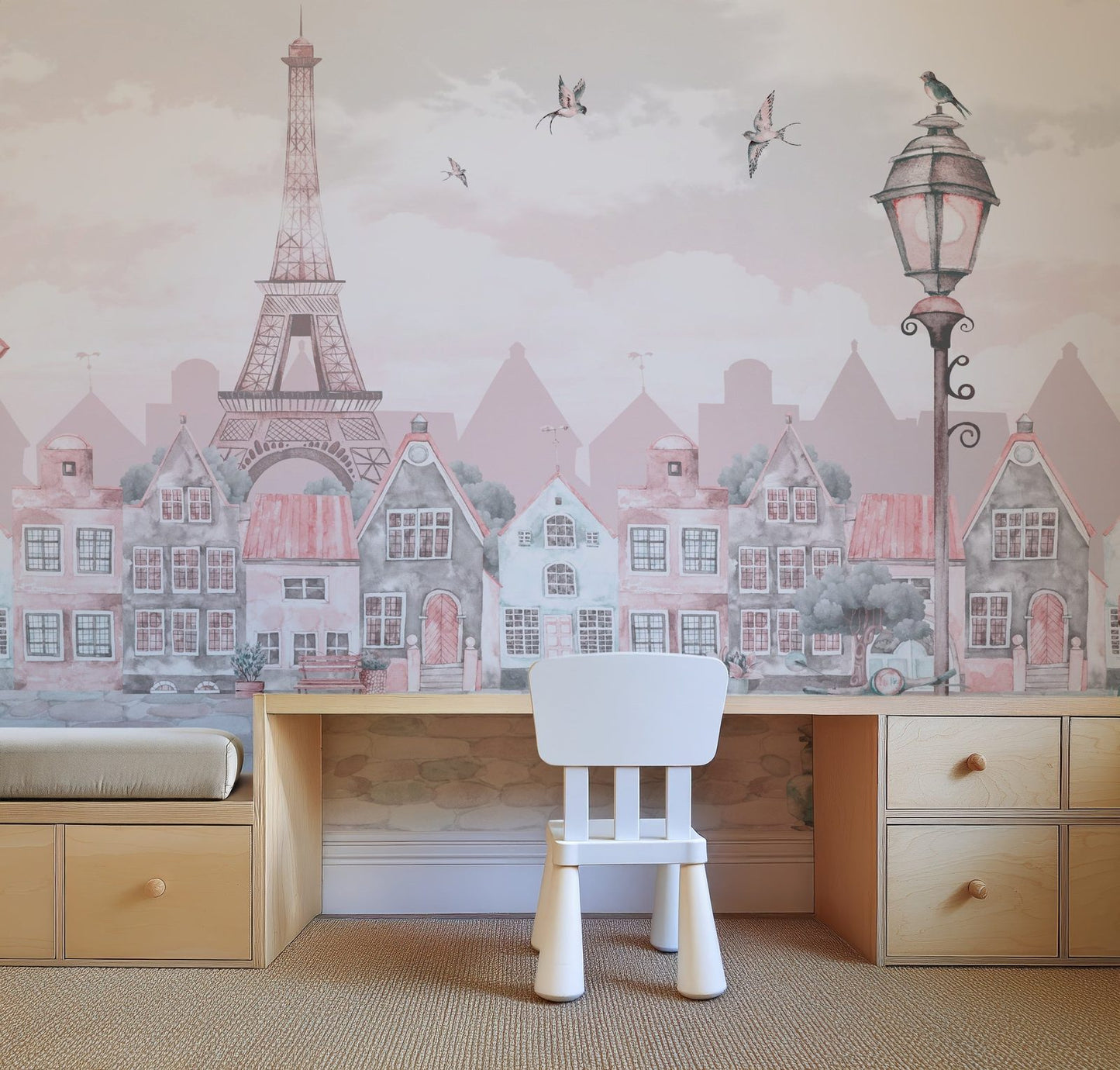 Romantic Parisian Dream wall mural with Eiffel Tower and Parisian scenes