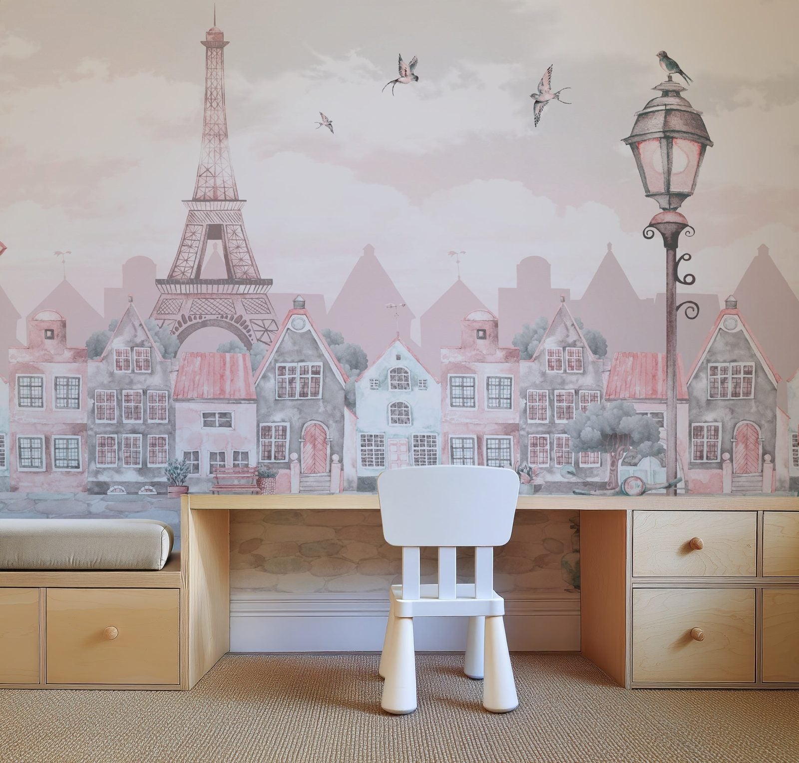 Romantic Parisian Dream wall mural with Eiffel Tower and Parisian scenes