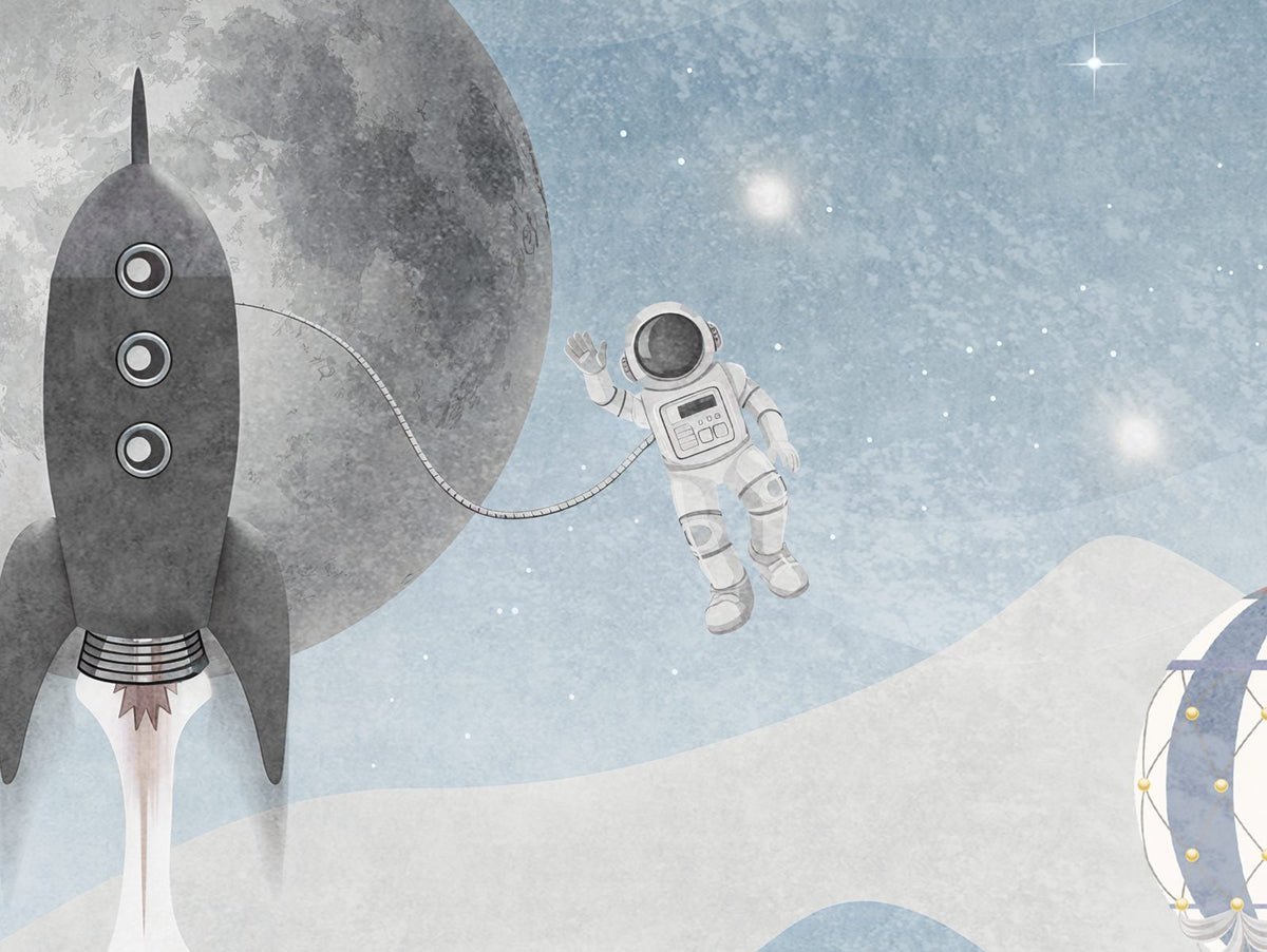 Space Adventure kids wall mural, close-up of illustrated planets and rockets