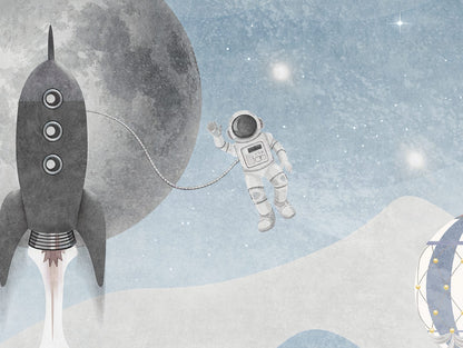 Space Adventure kids wall mural, close-up of illustrated planets and rockets