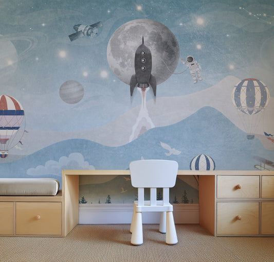 Space adventure kids wall mural in a child's bedroom with planets and cosmic decor.