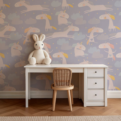 Cute Unicorns soft lilac kids wallpaper with illustrated unicorn motifs