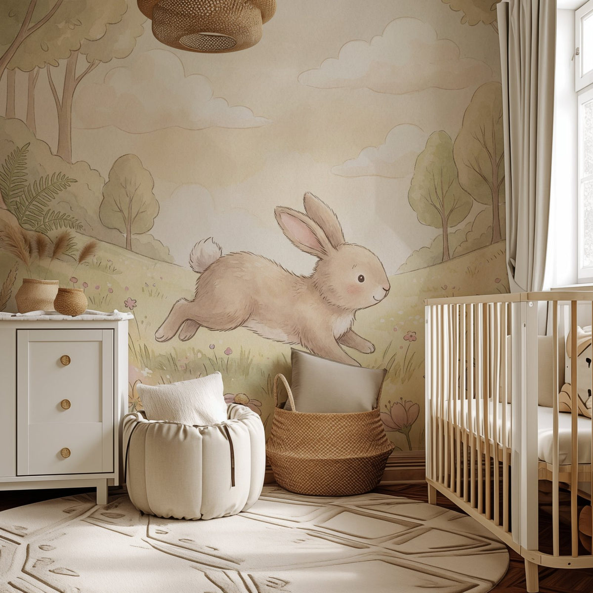 Woodland Whispers II kids wall mural, full-scale preview of bunny meadow scene