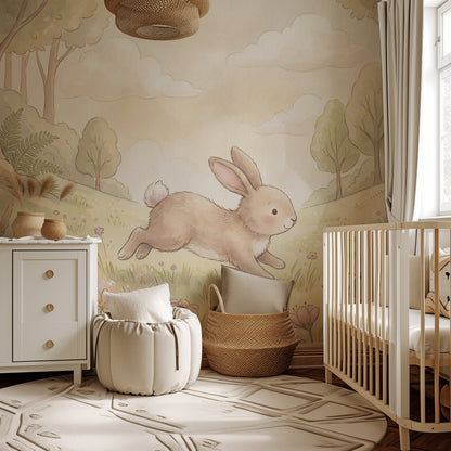 Woodland Whispers II kids wall mural, full-scale preview of bunny meadow scene